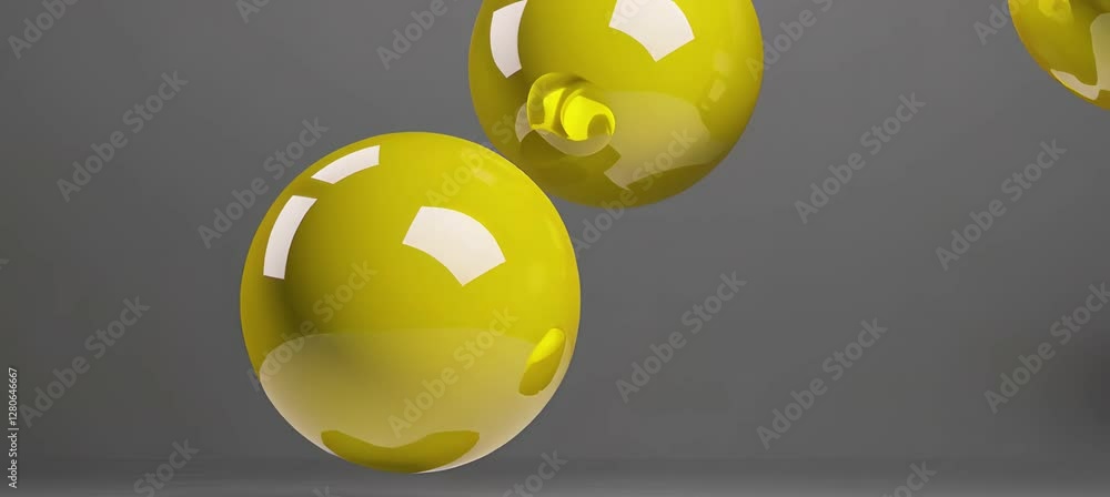 Poster floating yellow bubbles in smooth motion on gray background with reflections