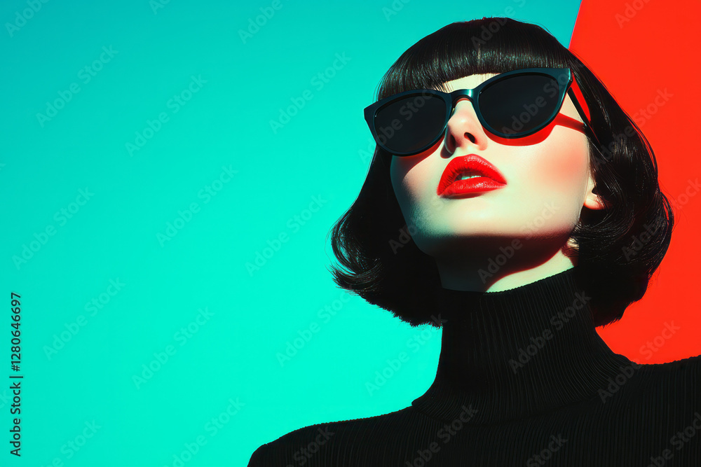 Poster slight angle profile capturing reflections of vivid colored lines across both lenses, her face