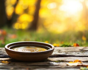 Naklejka premium Rippling water in a wooden bowl autumn forest clearing nature photography warm golden light close-up tranquility and reflection