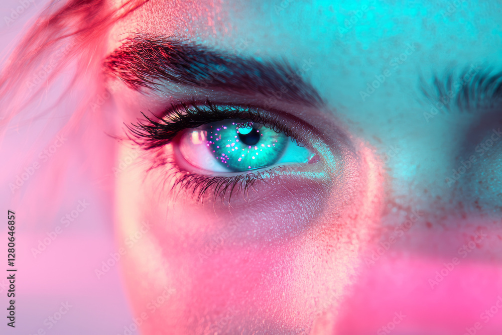 Poster subtle, warm ambient glow around the subject, with each lens displaying swirling patches of