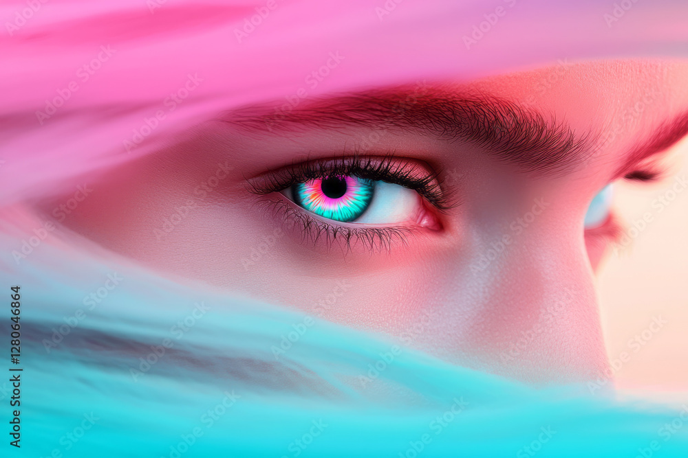 Poster subtle, warm ambient glow around the subject, with each lens displaying swirling patches of