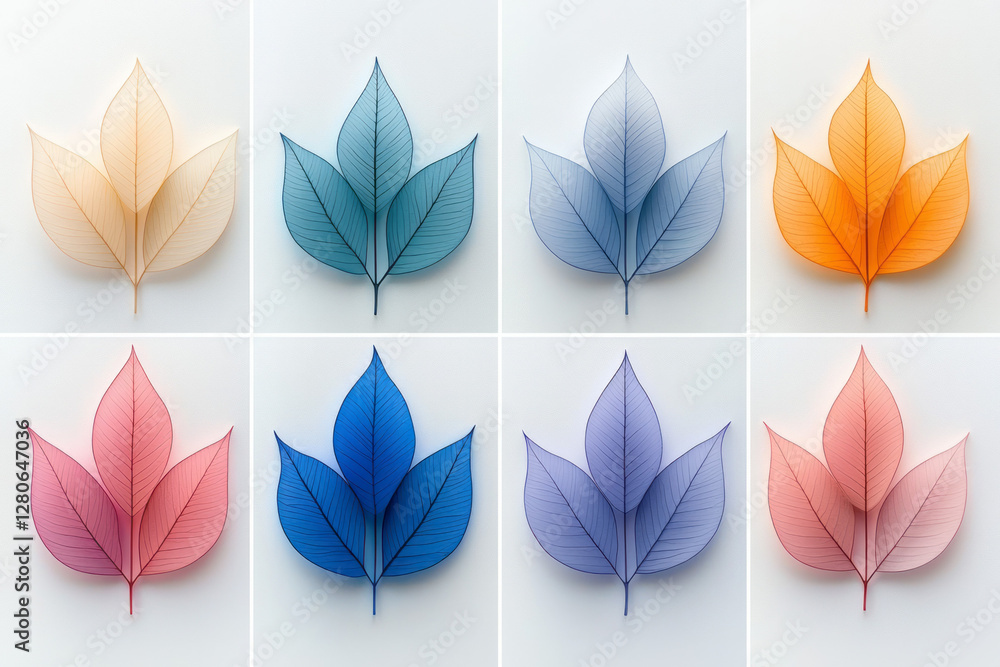 Aufkleber minimal grid layout displaying leaf cutouts, each tinted with a distinct pastel gradient, set