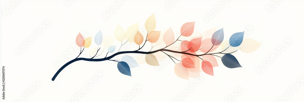 Poster stylized silhouette of a small branch with gradient leaves in a warm palette of gold, amber, and
