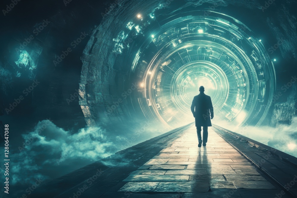Poster mysterious figure walking toward an illuminated portal in a dark setting