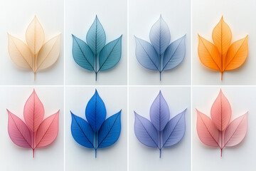 Minimal grid layout displaying leaf cutouts, each tinted with a distinct pastel gradient, set