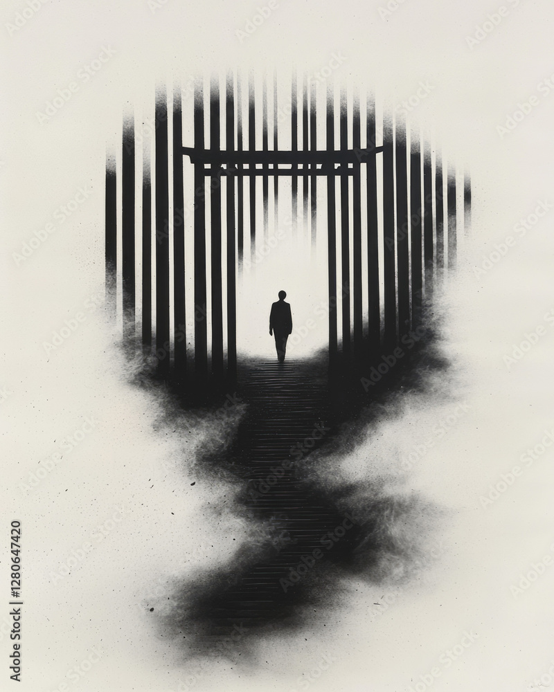 Leinwandbilder torii silhouette carved out from within a solid block of rectangular columns, giving the impression