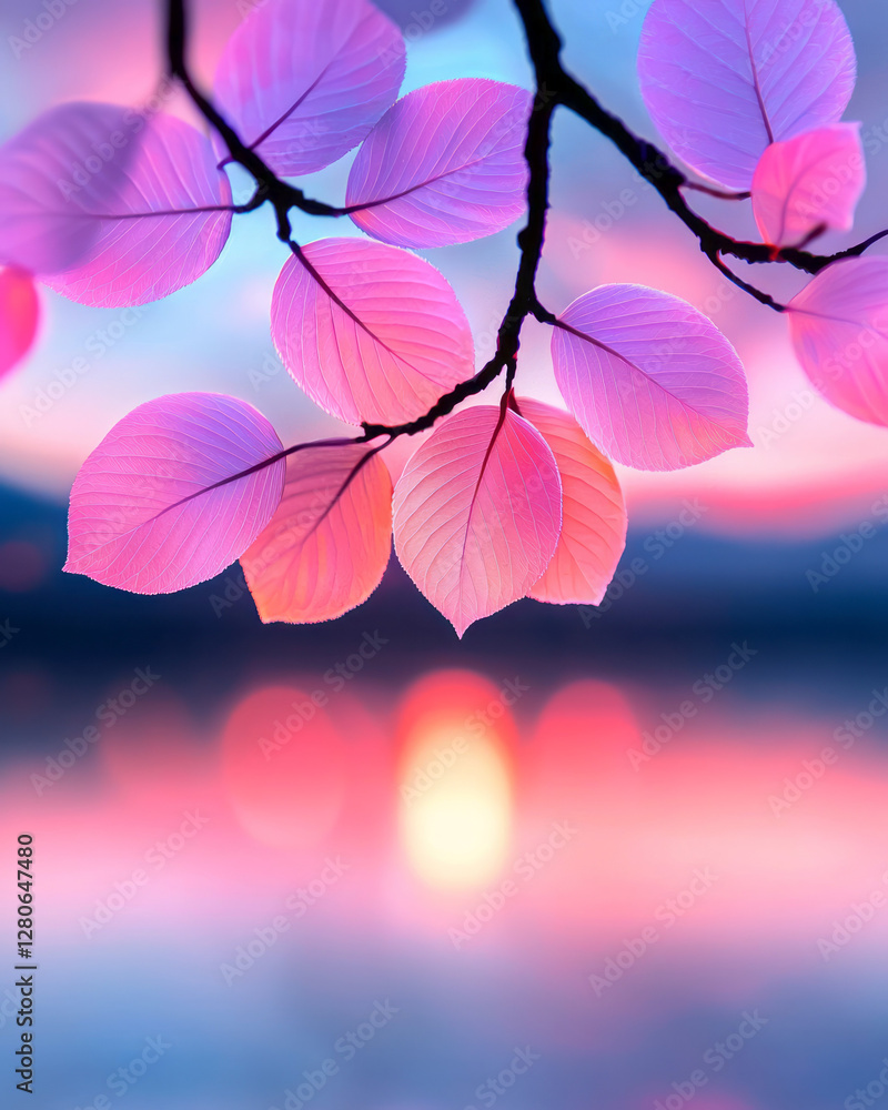 Poster double-layered scene where softly glowing leaves form a natural vignette around a distant
