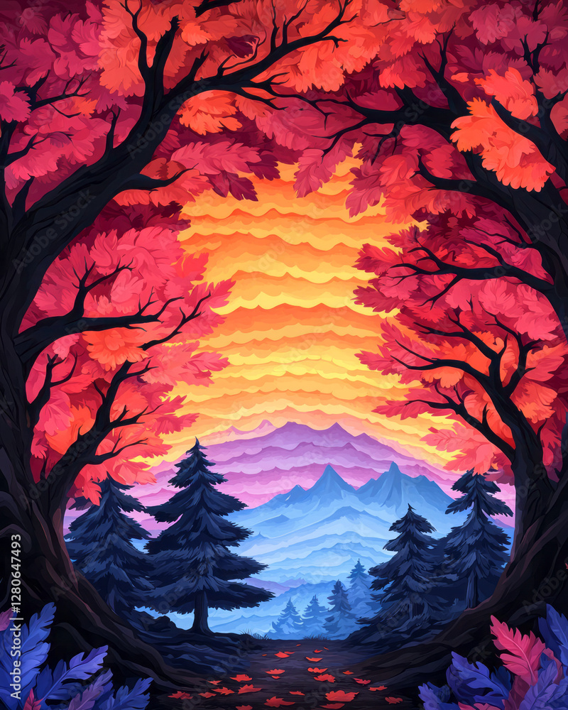 Aufkleber Double-layered scene where softly glowing leaves form a natural vignette around a distant