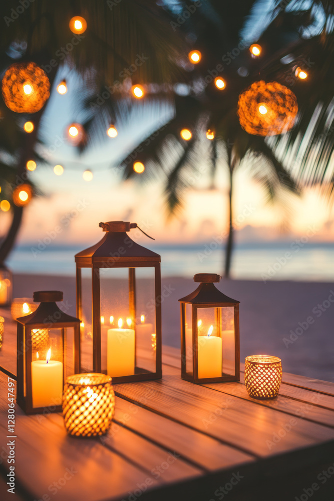 Poster candlelit table under a canopy of palm fronds, with a soft golden bokeh glow radiating from distant