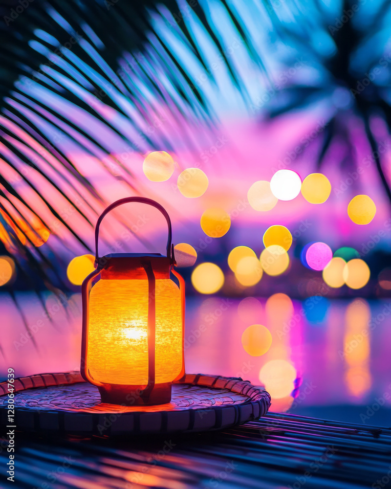 Poster glowing lantern resting on a bamboo tray, framed by silhouettes of swaying palm trees and vibrant