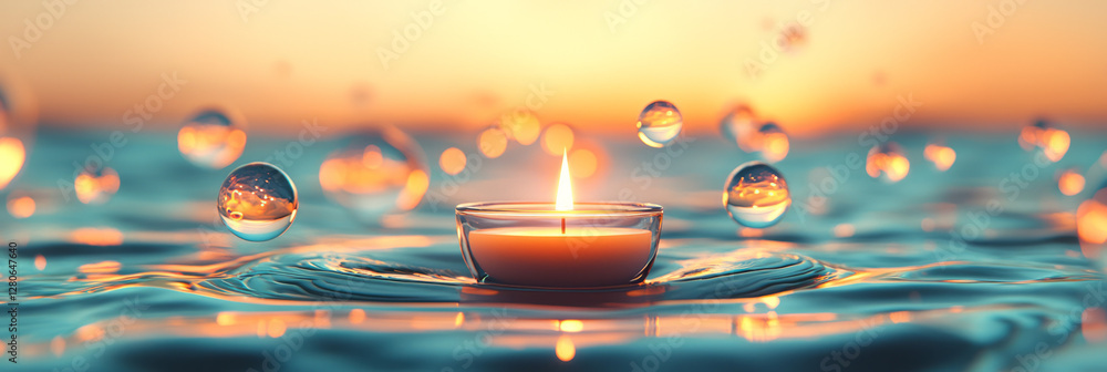 Poster close-up of a softly flickering tealight, reflecting dancing orbs of light in the background,
