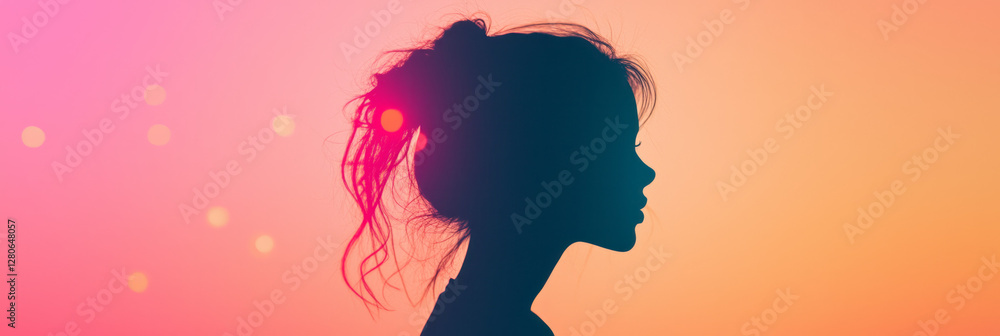 Poster silhouette style image where only the contours of her face and shoulders are illuminated, with