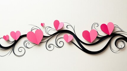 Colorful paper hearts intertwined with artistic black swirls, creating a romantic and whimsical feel.