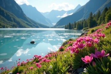 Alpine flowers and plants growing near a frozen lake, plant life, botanicals, alpine lake flora