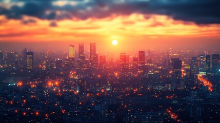 Fototapeta premium Vibrant sunset over a sprawling metropolis, city skyline glowing with warm light.