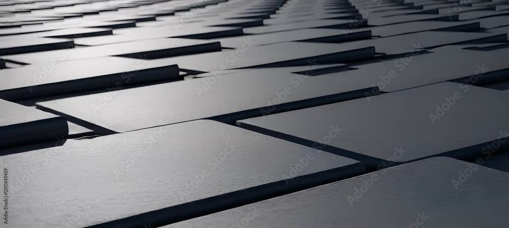 Poster dynamic motion of interlocking metallic panels creating a futuristic abstract surface