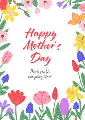 Happy Mother's Day Cards. Colourful Floral Mother’s Day Cards. Postcards with Hand Drawn Spring Flowers.