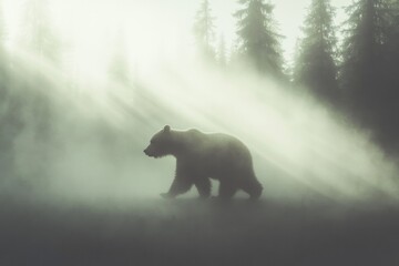 Mysterious bear walks through foggy forest, creating an atmosphe