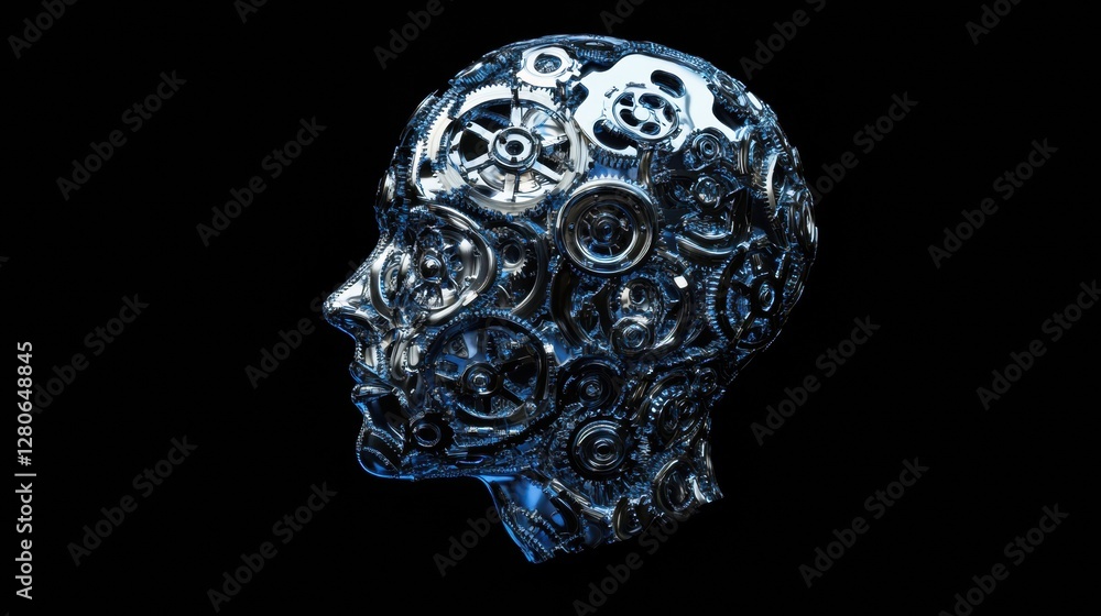 Poster head contour filled with interconnecting gears reflects the intricate workings of artificial intelli