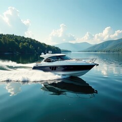 A sleek motor yacht speeding across the surface of a calm lake, lake, boats