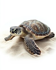 Obraz premium A beautiful sea turtle glides gracefully across the sandy ocean floor. Its intricate shell patterns are mesmerizing. Ideal for ocean life themes. Generative AI