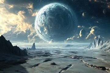 Unexplored alien landscape with a giant planet and dramatic clouds