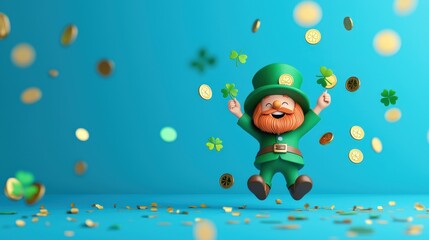 A cheerful leprechaun in green attire joyfully celebrates, surrounded by scattered coins and shamrocks against a bright blue background.
