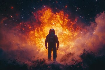 Fototapeta premium Astronaut silhouetted against a fiery cosmic nebula, a breathtaking scene of space exploration and celestial wonder.