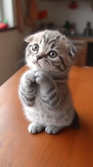 Cute kitten praying on a table, kitchen in background
