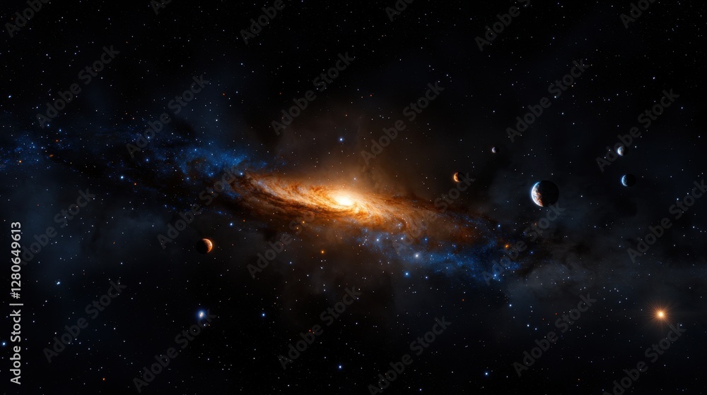 Wall mural a stunning swirl of colors fills the cosmos, featuring a luminous galaxy surrounded by several plane