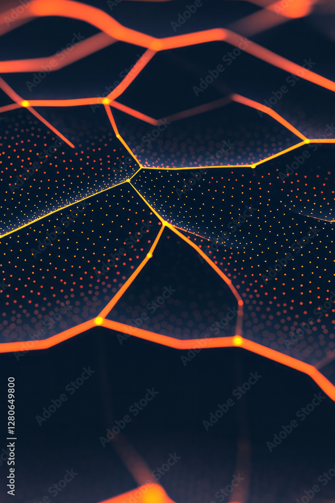 Poster abstract polygonal mesh where each facet has a subtle digital texture, lit by warm orange edges
