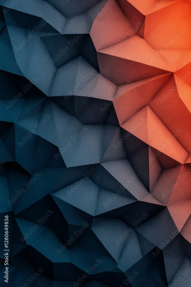 Poster abstract polygonal mesh where each facet has a subtle digital texture, lit by warm orange edges
