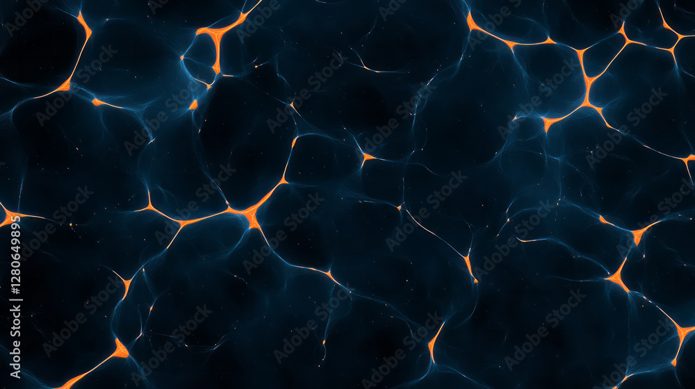 Poster fractal-like grid design with sporadic orange highlights scattered over a cobalt background,