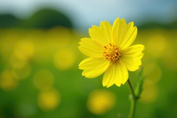 Obraz premium Bright yellow flower blooming on a stem in a field of ragwort, yellow, petals