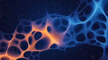 Fractal-like grid design with sporadic orange highlights scattered over a cobalt background,