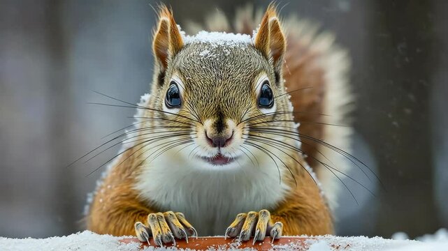 Squirrel is standing on a snow covered ground. It is looking at the camera with a smile on its face