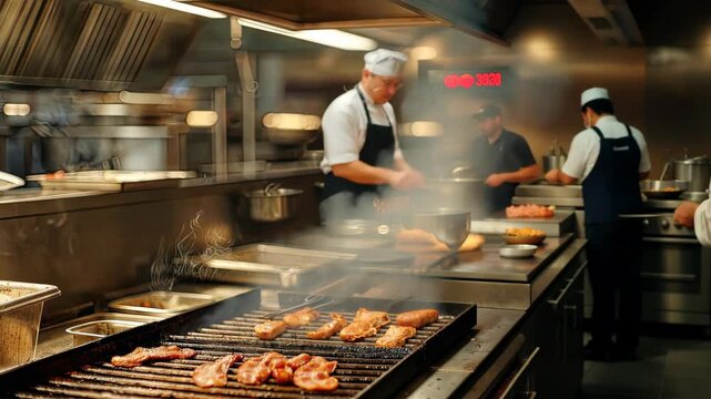 Two chefs expertly prepare and grill meat in a busy restaurant kitchen, creating a lively culinary atmosphere during dinner time
