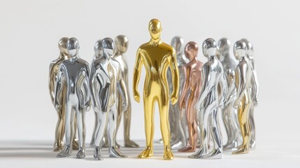 A striking golden figurine stands out among a group of silver and bronze figures, symbolizing individuality and excellence.