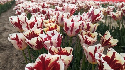 A field of striped tulips
