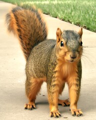 Fototapeta premium Curious squirrel on sidewalk, grass background