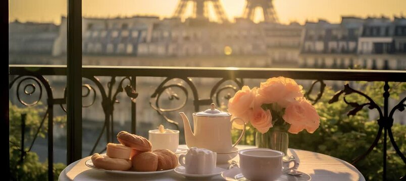 Morning tranquility: sunlit paris balcony with coffee and croissants