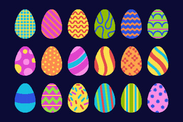 Pixel easter egg. Logo icon pixel art, cute sign game. Element bunny, chick bit 8. Pixelated symbol, simple holiday pictogram, logotype colorful festive graphics. Vector garish cartoon isolated set