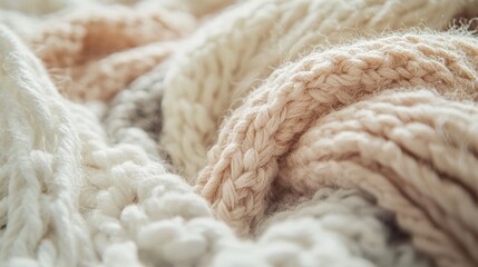 A collection of knitted fabrics in various warm pastel colors creates a cozy atmosphere. The intricate patterns evoke a sense of comfort, perfect for the autumn season