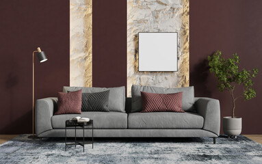 Blank frame for a picture or photo in the living room above the sofa. 3D rendering