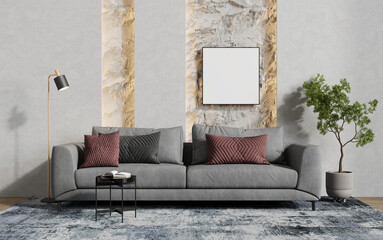 Blank frame for a picture or photo in the living room above the sofa. 3D rendering
