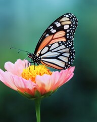 Obraz premium Monarch butterfly pollinating pink flower garden macro photography serenity close-up view nature's beauty
