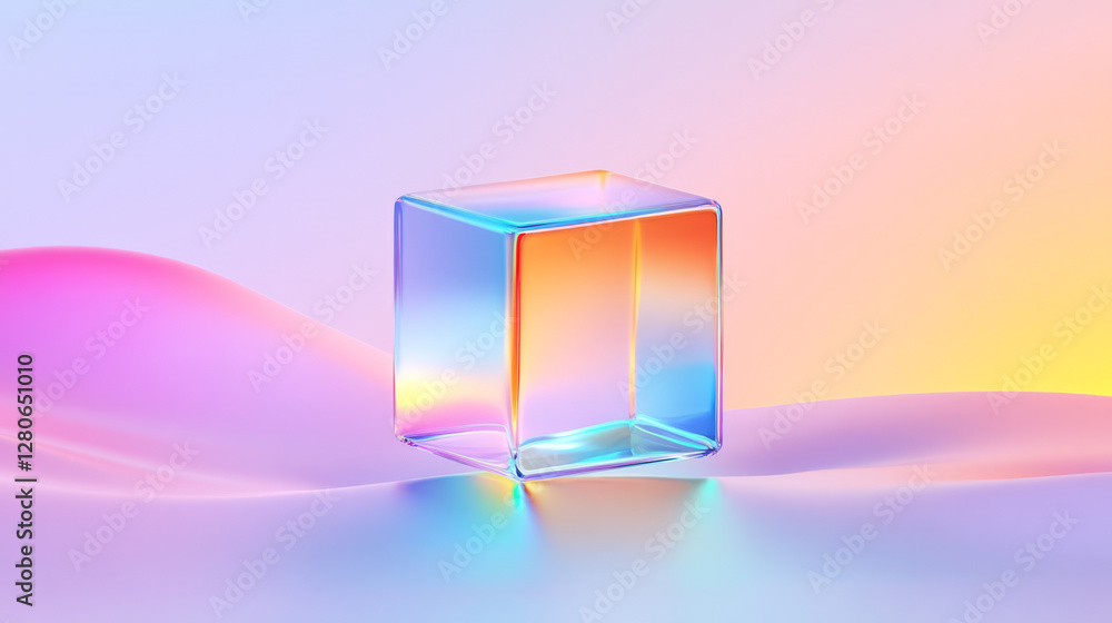 Aufkleber semi-transparent cube floating slightly above a wavy, multi-hued gradient background, capturing