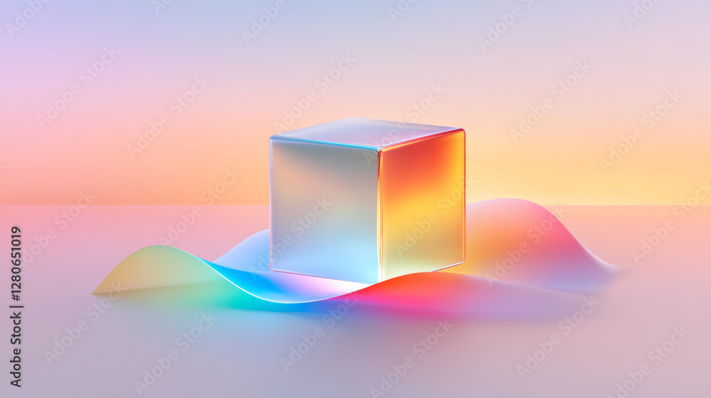 Poster semi-transparent cube floating slightly above a wavy, multi-hued gradient background, capturing