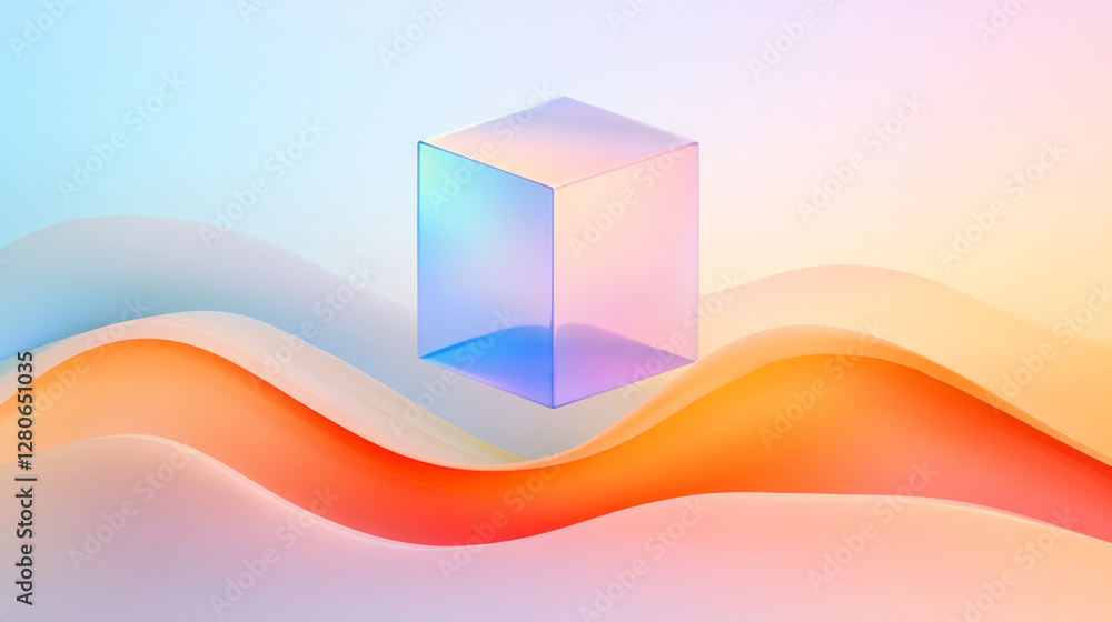 Poster semi-transparent cube floating slightly above a wavy, multi-hued gradient background, capturing