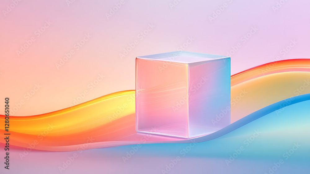 Poster semi-transparent cube floating slightly above a wavy, multi-hued gradient background, capturing